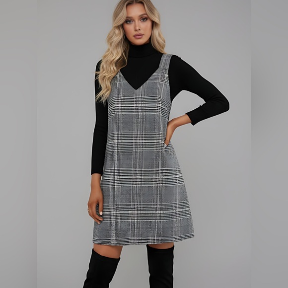 French Plaid Print Overall Dress Grey/Green - Picture 1 of 9